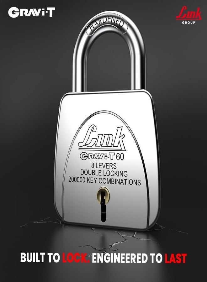 Link Gravi-T 60mm Heavy Duty Padlock | 8 Levers | Lock for Home Door, Office, Shop, Travel | Tough CR Body | Hardened Steel Shackle, | Double Locking System | 3 Silver Keys | 200000 Key Combinations - Image 3
